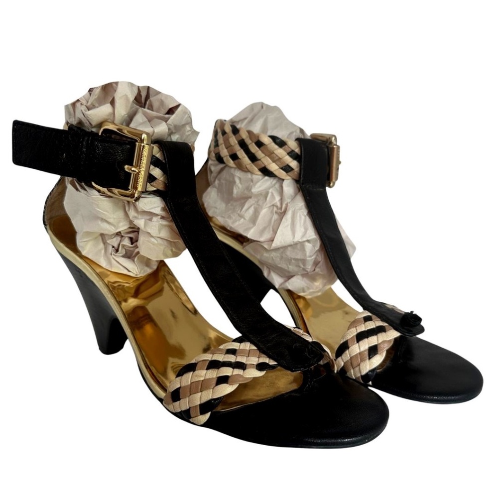EUC Michael Kors Black Gold Tan Woven Leather Heel Sandals Sz 7.5 M - Picture 1 of 11